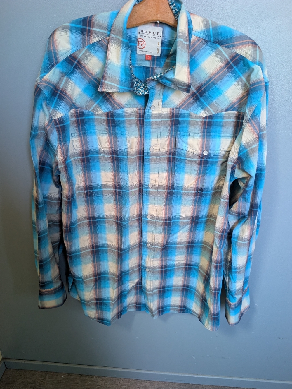 Roper Blue & Cream Plaid Pearl Snap Western Shirt